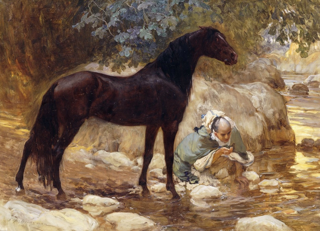 Un arabo che abbevera il suo cavallo presso un fiume